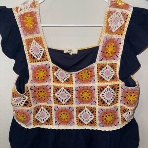 Entro Navy Blouse with Colorful Crochet Accents